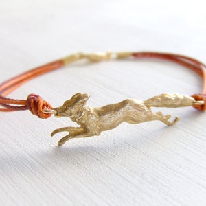 Golden Fox Bracelet - Gold Brass Fox Charm - Animal Figurine - Choose Color Cord - Gift for Her - Rustic / Woodland Animal