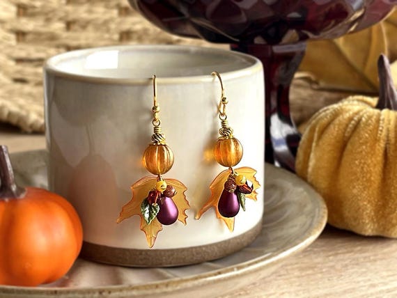 NEW - Back in Stock - Thanksgiving Fall Maple Leaf Earrings, Autumn Leaf Charms, Mini Pumpkin Bead, Choose Ear wire - Fall Style Gift