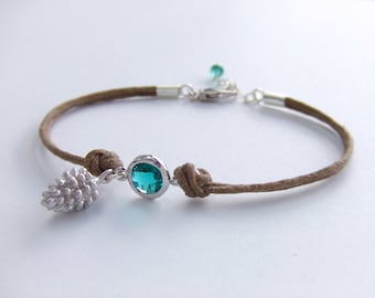 Silver Pinecone Charm Bracelet - Woodland Rustic Bracelet - May Birthday - Emerald Birthstone - Gift for Her