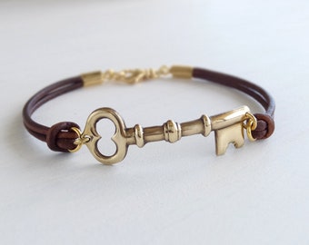 Gold Skeleton Key Bracelet - Brown Leather Cord, Unisex Jewelry