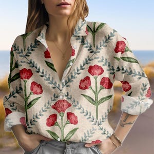 Red Floral Leaf Blouse Shirt, Women Linen Look Button Down Top, Elegant Long Sleeve Garden Print Shirt, Casual Spring Summer Outfit