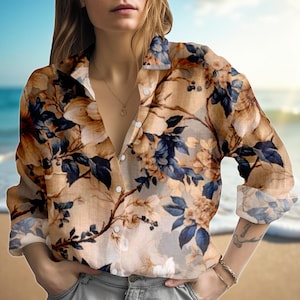 Brown Blue Floral Blouse Shirt, Women Linen Look Button Down Top, Elegant Long Sleeve Garden Print Shirt, Casual Spring Summer Outfit