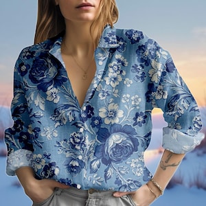 Blue Floral Linen Look Blouse Shirt, Women Button Down Top, Elegant Long Sleeve Garden Print Shirt, Casual Spring Summer Outfit