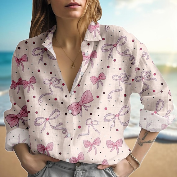 Pink Bow Polka Dot Blouse Shirt, Women Linen Look Button Down Top