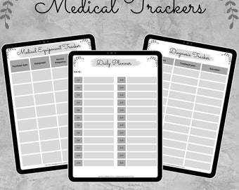 May include: Three printable medical trackers: a daily planner, a medical equipment tracker, and a diagnosis tracker. Each tracker is designed with a gray background and a white border. The trackers are displayed on a tablet screen.