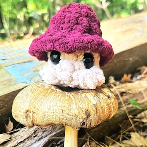 May include: A handmade, plush mushroom figure with a burgundy cap and black eyes, perched atop a natural mushroom. The plush mushroom has a cream-colored body. The background is a blurred view of a forest.
