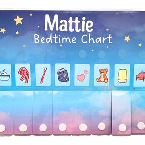 May include: A blue and purple bedtime chart with the name Mattie at the top. The chart has 8 sections with pictures of a bathtub, pajamas, a toothbrush, a book, hearts, a teddy bear, a nightlight, and a bed. Each section has a circle with a white dot in it.