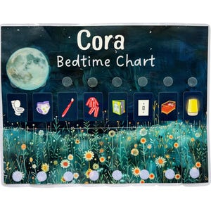 May include: A bedtime chart with the name "Cora" and the words "Bedtime Chart" in white. The background is a dark blue night sky with a full moon and illustrated icons representing bedtime activities. The bottom features a field of flowers.
