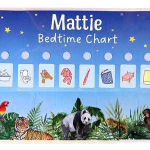May include: A blue and white bedtime chart with the name Mattie at the top. The chart has 8 sections with images of a bathtub, toilet, hand washing, pajamas, toothbrush, book, bed, and a nightlight. The bottom of the chart has a jungle scene with a parrot, tiger, panda, lizard, and monkey.
