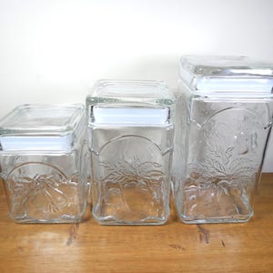 Op de afbeelding: Drie transparante glazen potten met vierkante deksels en witte afdichtingen. Elke pot heeft een geëtst ontwerp van bladeren en fruit. De potten zijn verschillend van grootte en staan op een houten oppervlak.
