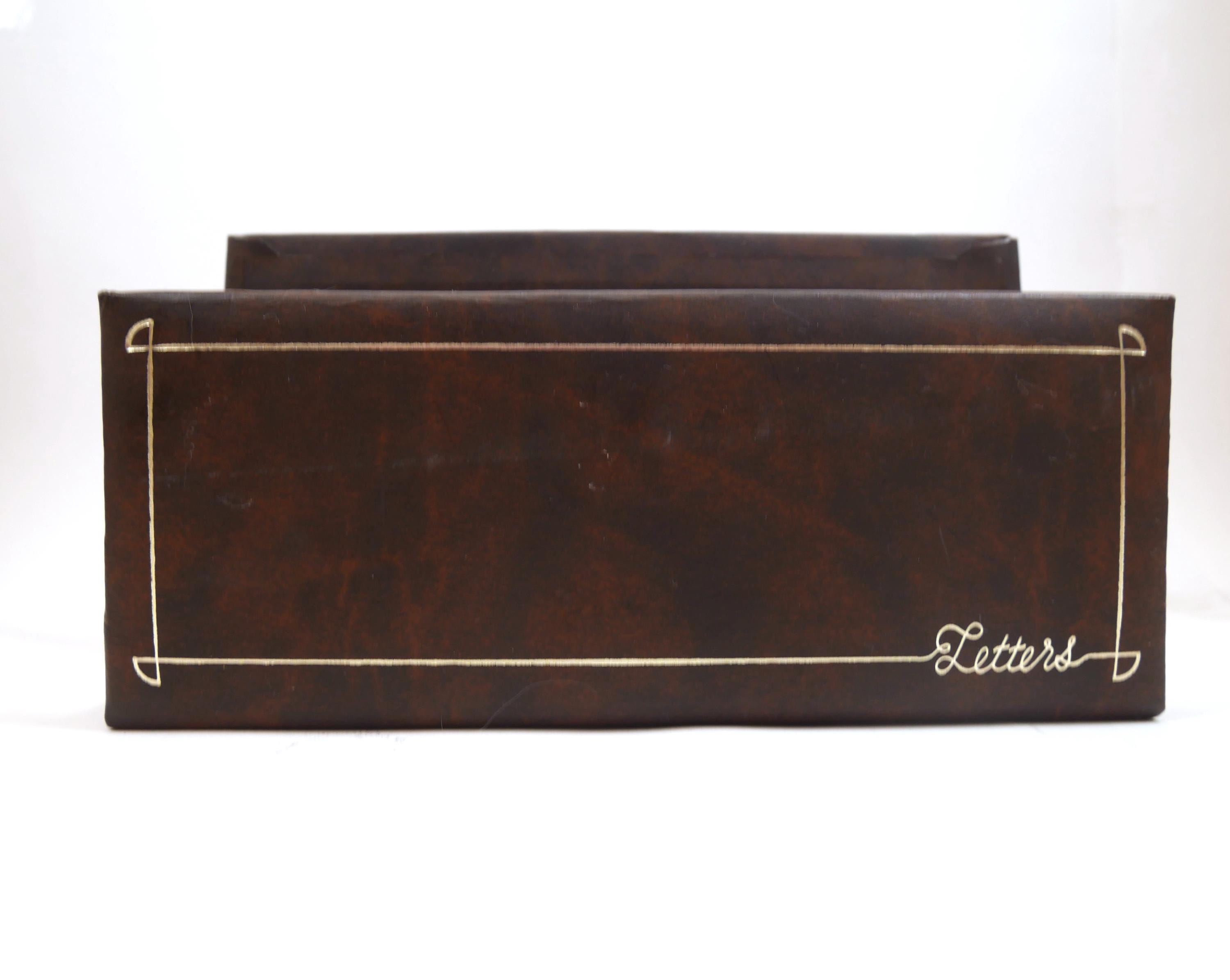 Vintage Leather Letter Holder Brown W/ Gold Trim 7