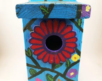 Vintage Bird House Solid Wood Hand Painted 5.25"x10.5"x4.25 Blue Flower Floral