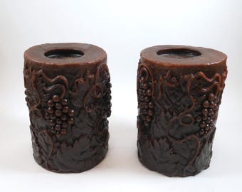Vintage Carved Candles Pillar Set of 2 Burgany Fruit Grapes 5 inch tall Scented Retro