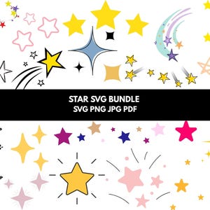 Puede incluir: Una colección de gráficos con temática de estrellas en varios estilos y colores, incluyendo amarillo, rosa, azul y negro. La imagen incluye el texto "STAR SVG BUNDLE SVG PNG JPG PDF".