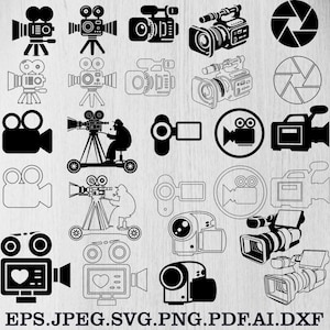May include: A set of 24 black and white vector illustrations of different types of cameras, including film cameras, video cameras, and digital cameras. The illustrations are in a simple, flat style and are perfect for use in a variety of projects.