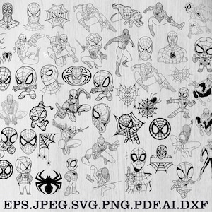 May include: A selection of black and white Spider-Man illustrations, featuring different poses and designs, including full figures and masks. The image includes the text "EPS.JPEG.SVG.PNG.PDF.AI.DXF".