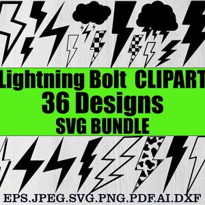 Puede incluir: Un paquete digital de clipart de 36 diseños de rayos negros. Los diseños incluyen varias formas y tamaños de rayos, incluyendo algunos con patrones a cuadros y formas de nubes. El texto "Lightning Bolt CLIPART 36 Designs SVG BUNDLE" se muestra en texto negro sobre un fondo verde. El texto "EPS.JPEG.SVG.PNG.PDF.AI.DXF" se muestra en texto negro sobre un fondo gris.