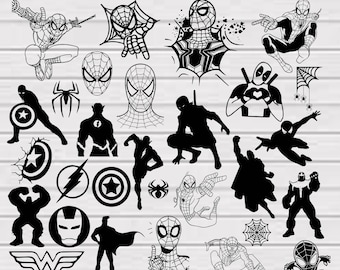 Paquete SVG de superhéroe, SVG de superhéroe, paquete Png de Spiderman, svg de araña, svg de Capitán América, silueta de superhéroe, imágenes prediseñadas de superhéroe, Eps, Dxf