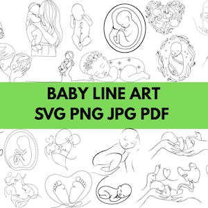 Può includere: Raccolta di illustrazioni di baby line art in bianco e nero. Le immagini includono rappresentazioni di bambini, genitori e dell'utero. Il testo su sfondo verde recita "BABY LINE ART SVG PNG JPG PDF".