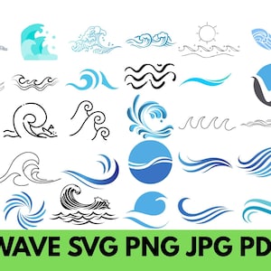 Könnte beinhalten: Eine Sammlung von Wellen-Designs in Blau und Schwarz, mit einer Sonne. Der Text "WAVE SVG PNG JPG PDF" wird in einem grünen Rechteck unten angezeigt. Die Designs variieren im Stil.