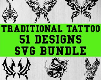 Traditional Tattoo Svg Bundle, Dragon Tattoo Svg, Snake Tattoo Svg, Tattoo Clipart, Tattoo Cut File For Circut, Skull Tattoo Svg, Tattoo Png
