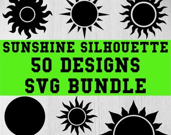 May include: A collection of 50 black and white sun silhouette SVG designs. The text "Sunshine Silhouette 50 Designs SVG Bundle" is displayed in a green banner. The text "EPS.JPEG.SVG.PNG.PDF.AI.DXF" is displayed at the bottom of the image.