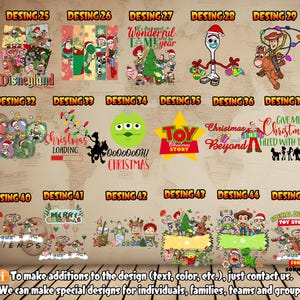 Puede incluir: Una colecci&oacute;n de 46 dise&ntilde;os navide&ntilde;os con personajes de la franquicia Toy Story. Los dise&ntilde;os incluyen varios personajes como Woody, Buzz Lightyear y el extraterrestre verde. Los dise&ntilde;os tambi&eacute;n presentan texto navide&ntilde;o como "Navidad m&aacute;s all&aacute;" y "Dame una Navidad llena de juguetes".