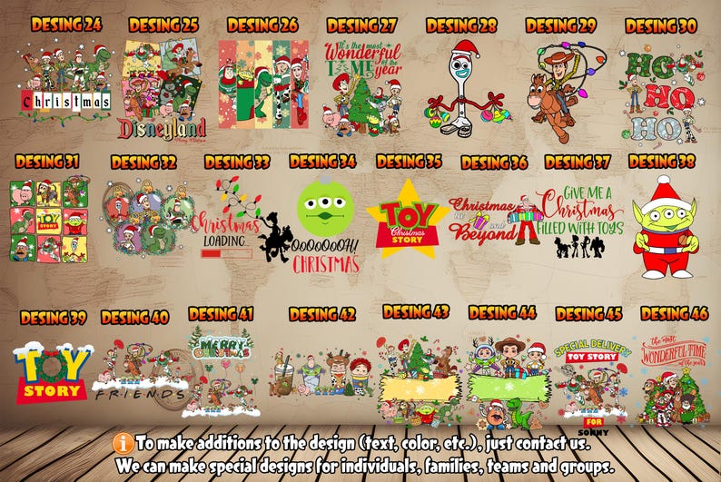 Puede incluir: Una colecci&oacute;n de 46 dise&ntilde;os navide&ntilde;os con personajes de la franquicia Toy Story. Los dise&ntilde;os incluyen varios personajes como Woody, Buzz Lightyear y el extraterrestre verde. Los dise&ntilde;os tambi&eacute;n presentan texto navide&ntilde;o como "Navidad m&aacute;s all&aacute;" y "Dame una Navidad llena de juguetes".