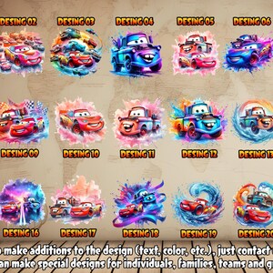 May include: Twenty colorful designs featuring the characters from the Cars movie franchise. Each design features a different color scheme and background, with the characters in various poses. The designs are numbered from 1 to 20.