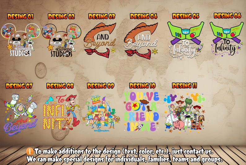 May include: Eleven different designs featuring characters from the Toy Story franchise. The designs include Mickey Mouse ears, Woody's hat, Buzz Lightyear's helmet, and the words "To Infinity and Beyond".