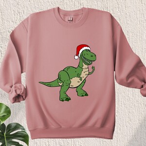 May include: A pink sweatshirt with a green dinosaur wearing a red Santa hat. The dinosaur is wearing a red Santa hat with white trim.