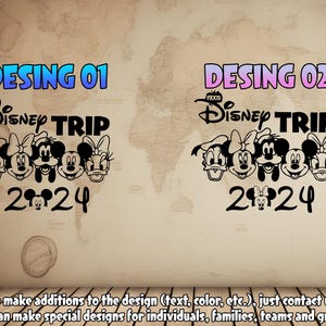 Puede incluir: Dos dise&ntilde;os para un viaje a Disney. El primer dise&ntilde;o dice "Disney Trip 2024" con Mickey Mouse y sus amigos. El segundo dise&ntilde;o dice "Disney Trip 2024" con Mickey Mouse y sus amigos.