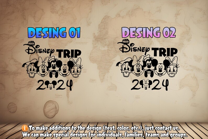 Puede incluir: Dos dise&ntilde;os para un viaje a Disney. El primer dise&ntilde;o dice "Disney Trip 2024" con Mickey Mouse y sus amigos. El segundo dise&ntilde;o dice "Disney Trip 2024" con Mickey Mouse y sus amigos.