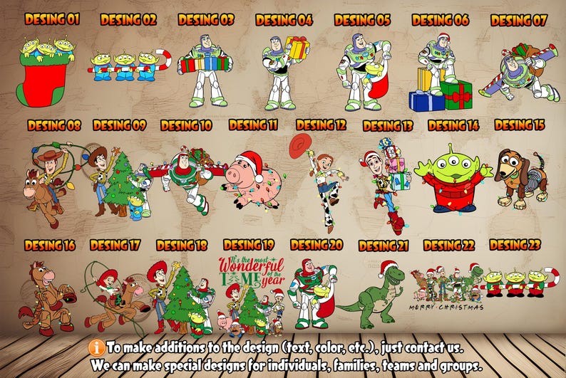 Puede incluir: Una colecci&oacute;n de 23 dise&ntilde;os navide&ntilde;os con personajes de la franquicia Toy Story. Los dise&ntilde;os incluyen a Woody, Buzz Lightyear, Jessie, Rex y otros personajes. Los dise&ntilde;os son perfectos para crear tarjetas de Navidad personalizadas, adornos u otras manualidades navide&ntilde;as.