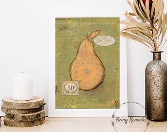 Mixed Media Pear Art Print, Printable Download, Pear Painting, Cottage Home Decor, Fruit, Art, Downloadable, Kitchen Decor, Wall Art