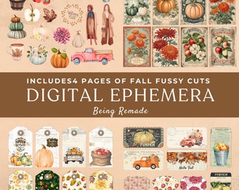 Fall Journal Ephemera: Vintage Apple, Mums, Pumpkin Fussy Cuts (Printable PDF)