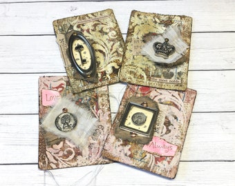 Artist Trading Card 2 Piece Sets, Charmed, Layered Mixed Media Art, Grungy, Journal Supplies