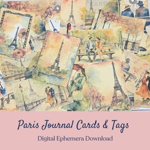 Paris in the Fall romantique aquarelle Paris Journal Card & Tag Set, 25 cartes et étiquettes imprimables, fournitures de journal indésirable, inspiration romance