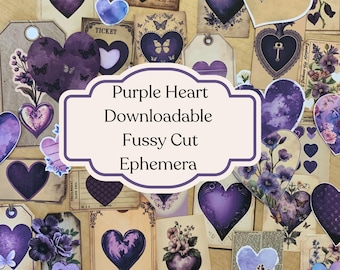 Purple Heart Fussy Cuts: Vintage Style Hearts, Tags & Tickets (Digital Download)