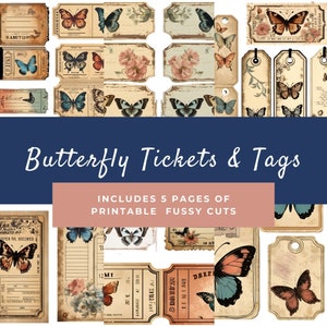 Éphémères papillon, 65 étiquettes et billets inspirés vintage, téléchargement numérique, fournitures imprimables pour journal indésirable, éphémères de style vintage, coupes difficiles