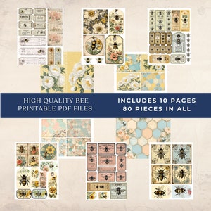 Kit d'éphémères abeille, 70 étiquettes d'inspiration vintage, plus 10 arrière-plans et cartes de visite en bonus, kit de journal indésirable imprimable avec des coupes difficiles