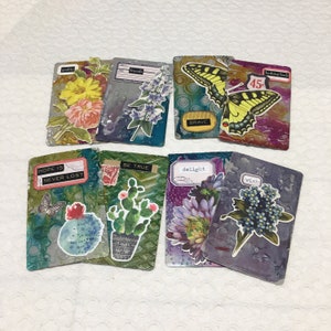 Conjuntos de cartas colecionáveis Butterfly Artist, conjunto Flower ACEO, mini arte em mídia mista, ATCs de cactos, inspirador, correio indesejado alterado, diário indesejado