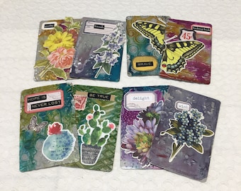 Artist Trading Card 2 Piece Sets, Mixed Media Art, Butterfly, Flowers, Cactus Inspirational Quotes, Altered Junk Mail