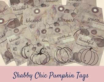 Etiquetas de calabaza estilo shabby chic para regalos, tarjetas de mesa para Acción de Gracias (PDF)