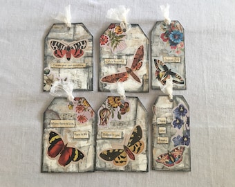 Mixed Media Inspirational Butterfly Tag and Journal Card Set, Junk Journal Supplies, Vintage  Inspired Ephemera, Tag Set of 6