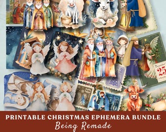 Watercolor Christmas Nativity Ephemera, Junk Journal Fussy Cuts (Digital Download)