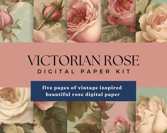 Vintage Rose Digital Paper: Teal, Pink & Ivory Journal Pages (Digital Download)