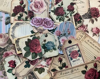Vintage Rose Ephemera Kit: Victorian Journal Tags & Tickets (Digital Download)