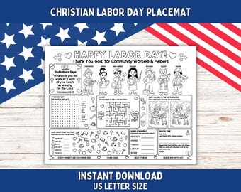Christian Labor Day Activity Placemat for Kids, Community Helpers Activity Printable, Labor day Bible Activity Sheet