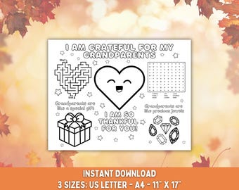 Gratitude Printable Coloring Page & Activity Sheet, Kids Placemat, Grandparents Craft Printable, Thanksgiving Day Craft, Kids Coloring Page